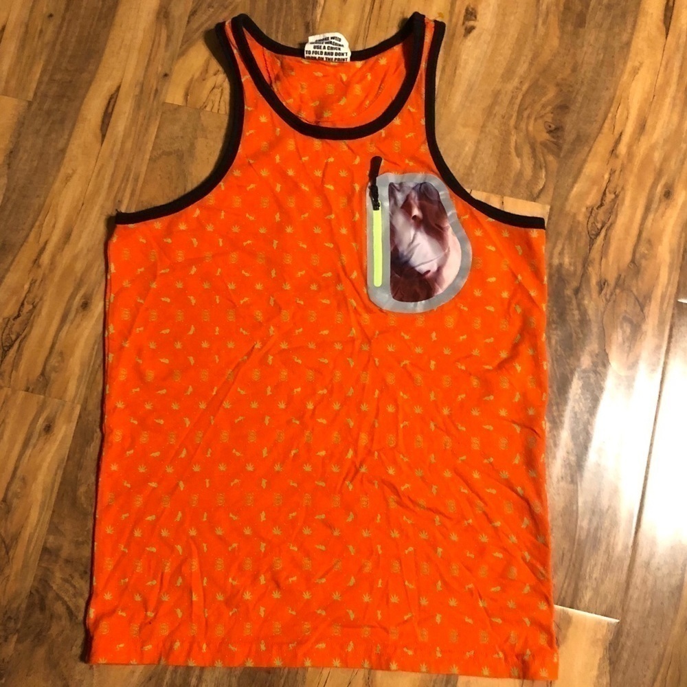 Sex Money Weed Orange 420 Tank Top Muscle Shirt Mens Small Zip Pocket - Picture 3 of 10